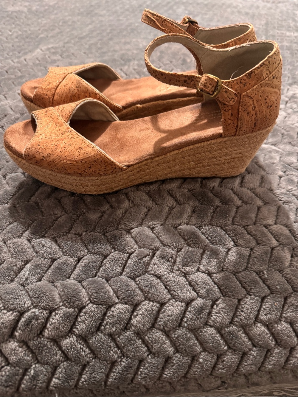 TOMS Cork Wedge Sandals in Tan with Ankle Strap - Picture 2 of 9